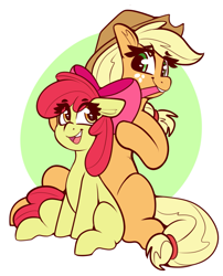 Size: 1697x2096 | Tagged: safe, artist:graphene, imported from derpibooru, apple bloom, applejack, earth pony, pony, abstract background, adorabloom, apple bloom's bow, apple sisters, applejack's hat, bow, cowboy hat, cute, duo, duo female, eye clipping through hair, eyebrows, eyebrows visible through hair, female, filly, foal, freckles, hair bow, happy, hat, hooves, jackabetes, mare, mouth hold, open mouth, open smile, siblings, simple background, sisters, sitting, smiling, white background