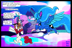 Size: 1869x1267 | Tagged: safe, artist:spudsmcfrenzy, imported from derpibooru, autumn blaze, princess luna, oc, oc:bamboozle, alicorn, draconequus, kirin, pony, carrying, dialogue, draconequus oc, female, flying, interspecies offspring, male, mare, offspring, parent:discord, parent:pinkie pie, parents:discopie, speech bubble, spread wings, trio, wings