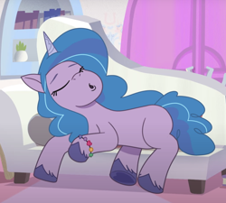 Size: 1592x1430 | Tagged: safe, imported from derpibooru, screencap, izzy moonbow, pony, unicorn, spoiler:g5, spoiler:my little pony: tell your tale, spoiler:tyts01e04, couch, cropped, g5, my little pony: tell your tale, nap, nightmare roommate, sleeping, snoring, solo