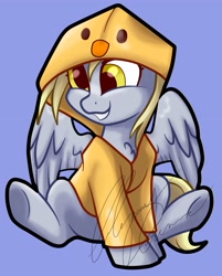 Size: 2890x3595 | Tagged: safe, artist:gleamydreams, imported from derpibooru, derpy hooves, pegasus, pony, belly, blue background, cute, derpabetes, female, grin, mare, raincoat, rubber duck, simple background, sitting, smiling, solo