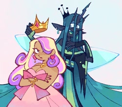 Size: 1305x1151 | Tagged: safe, artist:hoaxghost, imported from derpibooru, princess cadance, queen chrysalis, changeling, human, annoyed, bedroom eyes, belt, bracelet, breasts, busty princess cadance, cadalis, cadance is not amused, chubby, clothes, crossed arms, crown, dark skin, dress, duo, ear piercing, earring, female, hair over one eye, heart, horn, horned humanization, humanized, infidelity, jewelry, lesbian, nail polish, necklace, open mouth, piercing, redraw, regalia, shipping, simple background, smiling, unamused, white background, winged humanization, wings