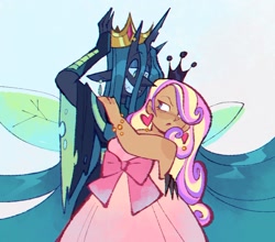 Size: 1305x1151 | Tagged: safe, artist:hoaxghost, imported from derpibooru, princess cadance, queen chrysalis, changeling, human, accessory swap, annoyed, bedroom eyes, belt, bracelet, breasts, busty princess cadance, cadalis, chubby, clothes, crossed arms, crown, dark skin, dress, duo, ear piercing, earring, female, grin, hair over one eye, heart, horn, horned humanization, humanized, infidelity, jewelry, lesbian, looking at each other, looking at someone, nail polish, necklace, piercing, redraw, regalia, shipping, simple background, smiling, tsundere, white background, winged humanization, wings