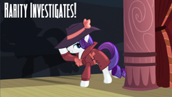 Size: 1280x720 | Tagged: safe, artist:detectivefrankie, edit, edited screencap, imported from derpibooru, screencap, rarity, pony, unicorn, rarity investigates, season 5, clothes, detective, detective rarity, female, hat, solo, title