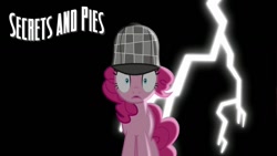 Size: 1280x720 | Tagged: safe, artist:detectivefrankie, imported from derpibooru, pinkie pie, earth pony, pony, secrets and pies, black background, deerstalker, detective, hat, lightning, sherlock holmes, sherlock pie, simple background, solo, title