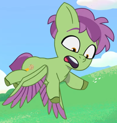 Size: 802x847 | Tagged: safe, imported from derpibooru, screencap, pegasus, pony, spoiler:g5, spoiler:my little pony: tell your tale, spoiler:tyts01e02, colt, cropped, flying, foal, g5, imminent fall, male, my little pony: tell your tale, open mouth, shrunken pupils, skysport, solo, spread wings, wings, worried, zipp's flight school