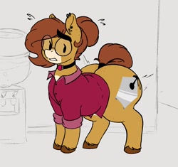 Size: 1396x1311 | Tagged: safe, artist:somefrigginnerd, imported from derpibooru, oc, oc only, oc:pencil test, earth pony, pony, bushy brows, choker, colored hooves, earth pony oc, fat, female, glasses, hair bun, hubris, indoors, large butt, office, office lady, plewds, round glasses, solo, the ass was fat, unshorn fetlocks