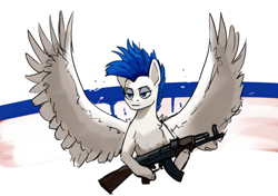 Size: 3120x2200 | Tagged: safe, artist:neither, imported from derpibooru, oc, oc only, pegasus, pony, ak-47, assault rifle, gun, nation ponies, novgorod, pegasus oc, ponified, rifle, russia, sketch, weapon, white-blue-white flag