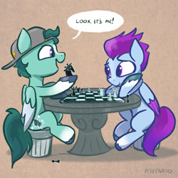 Size: 2048x2048 | Tagged: safe, artist:pfeffaroo, imported from derpibooru, pegasus, pony, cap, chess, colt, cute, cutiespark, duo, female, filly, foal, g5, hat, knight pony chess, male, table, thunder flap, younger, zoom zephyrwing