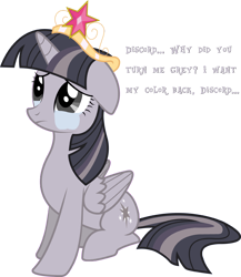 Size: 3378x3897 | Tagged: safe, artist:npm98, artist:wardex101, edit, imported from derpibooru, twilight sparkle, alicorn, pony, princess twilight sparkle (episode), big crown thingy, crying, cute, depressed, discorded, discorded twilight, element of magic, female, floppy ears, high res, jewelry, mare, regalia, sad, simple background, sitting, solo, text, transparent background, twiabetes, twilight sparkle (alicorn), twilight tragedy, vector