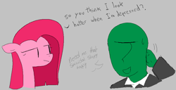 Size: 750x385 | Tagged: safe, artist:algoatall, pinkie pie, oc, oc:anon, earth pony, human, pony, /pnk/, aggie.io, dialogue, female, gray background, lowres, male, mare, pinkamena diane pie, simple background, speech bubble