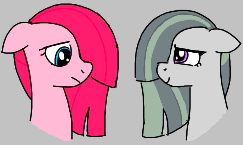 Size: 243x145 | Tagged: safe, artist:algoatall, marble pie, pinkie pie, earth pony, pony, /pnk/, aggie.io, alternate hairstyle, bust, duo, female, gray background, hair over one eye, lowres, mare, pinkamena diane pie, portrait, sad, siblings, simple background, sisters, smiling