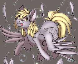 Size: 1683x1372 | Tagged: safe, artist:diethtwoo, imported from derpibooru, derpy hooves, pegasus, pony, :p, bubble, derp, feather, female, gray background, mare, signature, simple background, smiling, solo, tongue out