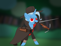 Size: 2000x1500 | Tagged: safe, artist:wallbeige, trixie, vampire, blade, crossbow, sword, vampire hunter, weapon