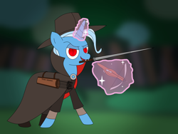 Size: 2000x1500 | Tagged: safe, artist:wallbeige, trixie, vampire, blade, cape, clothes, crossbow, daywalker, featured image, magic, sword, vampire hunter, weapon