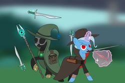 Size: 3000x2000 | Tagged: safe, artist:wallbeige, trixie, wallflower blush, vampire, book, cape, clothes, crossbow, featured image, hat, magic, memory stone, sword, weapon