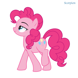 Size: 2640x2640 | Tagged: safe, artist:sscorpionsss, imported from derpibooru, pinkie pie, earth pony, pony, eyelashes, female, lidded eyes, mare, simple background, smiling, solo, walking, white background