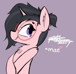 Size: 1458x1424 | Tagged: safe, artist:pinkberry, imported from ponybooru, oc, oc:mae (pinkberry), unicorn, colored sketch, female, freckles, glasses, round glasses, self insert, solo, text
