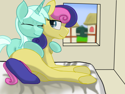 Size: 6000x4500 | Tagged: safe, imported from derpibooru, bon bon, lyra heartstrings, sweetie drops, earth pony, unicorn, bed, bedroom, female, house, lesbian, on bed