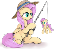 Size: 1189x904 | Tagged: safe, artist:anonymous, fluttershy, pegasus, pony, drawthread, female, fishing, fishing rod, hat, mare, open mouth, plushie, simple background, sitting, straw hat, white background