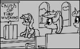 Size: 163x101 | Tagged: safe, lyra heartstrings, pony, unicorn, aggie.io, church, female, lowres, mare, monochrome, simple background, sitting, smiling