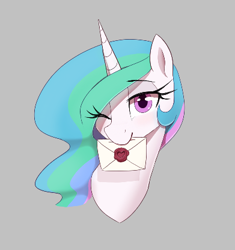 Size: 391x416 | Tagged: safe, artist:thebatfang, princess celestia, alicorn, pony, aggie.io, eye clipping through hair, female, letter, mare, mouth hold, one eye closed, simple background, smiling, wink, winking at you