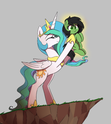 Size: 438x487 | Tagged: safe, artist:thebatfang, princess celestia, oc, oc:filly anon, alicorn, earth pony, pony, aggie.io, cliff, eyes closed, female, filly, mare, simple background, smiling, the lion king
