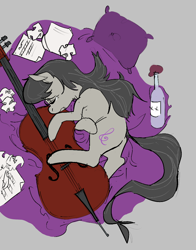 Size: 804x1025 | Tagged: safe, artist:rirurirue, octavia melody, earth pony, pony, aggie.io, alcohol, blanket, cello, crying, eyes closed, female, lying down, mare, musical instrument, pillow, sad, simple background, tissue