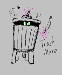 Size: 325x391 | Tagged: safe, oc, oc:molly cutter, fly, insect, pony, unicorn, aggie.io, cork, female, knife, lowres, magic, mare, monochrome, simple background, trash can