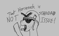 Size: 475x295 | Tagged: safe, oc, oc only, pony, aggie.io, cigar, drill sergeant, glasses, helmet, lowres, male, monochrome, open mouth, simple background, smoking, stallion, vulgar, yelling