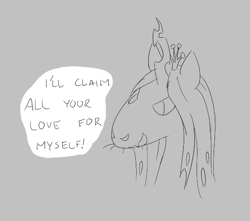 Size: 543x481 | Tagged: safe, queen chrysalis, changeling, aggie.io, female, mare, monochrome, open mouth, simple background, smiling, snoofa, talking, talking to viewer