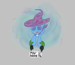 Size: 270x237 | Tagged: safe, trixie, oc, oc:anon, pony, unicorn, aggie.io, frown, hat, lowres, offscreen character, open mouth, pov, simple background