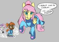 Size: 932x665 | Tagged: safe, artist:bigsnoofa, artist:horsepen, button mash, fluttershy, sweetie belle, earth pony, pegasus, pony, unicorn, aggie.io, alternate mane style, blushing, camera, clothes, colt, cosplay, costume, crossdressing, dialogue, female, filly, latex, latex suit, male, mare, open mouth, raised hoof, simple background, smiling, speech bubble, talking, video game