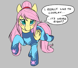 Size: 737x643 | Tagged: safe, artist:bigsnoofa, fluttershy, pegasus, pony, aggie.io, alternate mane style, blushing, clothes, cosplay, costume, female, mare, raised hoof, simple background, smiling, talking, video game