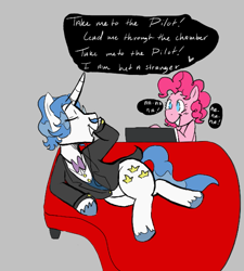 Size: 511x569 | Tagged: safe, fancypants, pinkie pie, earth pony, pony, unicorn, aggie.io, clothes, couch, eyes closed, lying down, monocle, simple background, singing, smiling