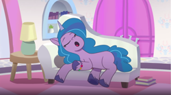 Size: 852x476 | Tagged: safe, imported from derpibooru, screencap, izzy moonbow, pony, unicorn, spoiler:g5, spoiler:my little pony: tell your tale, spoiler:tyts01e04, bracelet, couch, cute, g5, izzybetes, jewelry, my little pony: tell your tale, nap, nightmare roommate, sleeping, snoring, solo