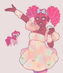 Size: 1080x1246 | Tagged: safe, artist:anemonaii, imported from derpibooru, pinkie pie, human, arm warmers, bow, candy, clothes, curly hair, cute, dark skin, diapinkes, dress, ear piercing, earring, female, food, g4, hair bow, humanized, jewelry, necklace, piercing, pigtails, pose, simple background, solo