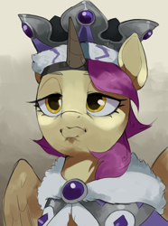 Size: 3120x4200 | Tagged: safe, artist:cadillac-dynamite, imported from derpibooru, princess platinum, oc, oc only, pegasus, pony, equestria at war mod, bust, crown, fake horn, female, high res, jewelry, mare, portrait, pouting, regalia, royalty, solo, the new order: last days of europe