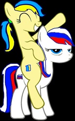 Size: 296x480 | Tagged: artist needed, safe, imported from derpibooru, oc, oc only, oc:marussia, oc:ukraine, earth pony, pony, base used, black background, duo, duo female, female, nation ponies, oc riding oc, ponies riding ponies, ponified, riding, russia, siblings, simple background, sisters, ukraine