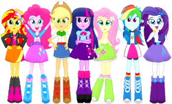 Size: 1146x697 | Tagged: safe, artist:jucamovi1992, artist:rupahrusyaidi, edit, edited screencap, editor:rupahrusyaidi, imported from derpibooru, screencap, applejack, fluttershy, pinkie pie, rainbow dash, rarity, sunset shimmer, twilight sparkle, alicorn, equestria girls, background removed, belt, boots, bow, bowtie, bracelet, clothes, cowboy boots, cowboy hat, cropped, cutie mark on clothes, female, hairpin, hat, high heel boots, humane five, humane seven, humane six, jacket, jewelry, leather, leather jacket, legs, not a vector, shirt, shoes, simple background, skirt, socks, transparent background, twilight sparkle (alicorn)