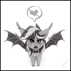 Size: 4784x4776 | Tagged: safe, artist:midnightflight, imported from derpibooru, oc, oc only, oc:oldi filmes, bat pony, pony, absurd resolution, bat pony oc, bat wings, blushing, bowtie, cheek fluff, chest fluff, ear tufts, eyebrows, eyelashes, fangs, female, grayscale, heart, looking at you, mare, monochrome, open mouth, simple background, solo, speech bubble, spread wings, unshorn fetlocks, uvula, white background, wings