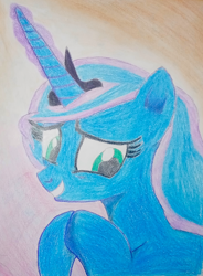 Size: 2058x2790 | Tagged: safe, artist:averkoswolf, derpibooru exclusive, imported from derpibooru, princess luna, alicorn, pony, colored pencil drawing, cute, eyebrows, eyelashes, female, g4, glowing, glowing horn, grin, horn, lunabetes, mare, smiling, solo, traditional art