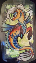 Size: 458x800 | Tagged: safe, artist:temrin, imported from derpibooru, oc, oc only, hybrid, merpony, original species, seapony (g4), colored pupils, dorsal fin, female, fin wings, fins, fish tail, flowing tail, gem, gills, logo, mare, scales, smiling, solo, tail, watermark, wings, yellow eyes, yellow mane