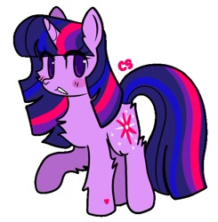 Size: 527x537 | Tagged: safe, artist:cutiesparke, imported from derpibooru, twilight sparkle, unicorn, alternate cutie mark, alternate design, chest fluff, female, hoof fluff, hoof heart, leg fluff, looking at you, raised hoof, simple background, solo, standing, unicorn twilight, white background