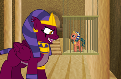 Size: 2462x1606 | Tagged: safe, artist:aleximusprime, imported from derpibooru, somnambula, sphinx (character), pegasus, pony, sphinx, fanfic:let my ponies go, flurry heart's story, anatankha, cage, duo, duo female, egyptian, egyptian headdress, egyptian pony, evil grin, female, grin, imprisoned, let my ponies go, mare, ruins, sharp teeth, smiling, teeth