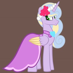 Size: 2048x2048 | Tagged: safe, artist:chelseawest, imported from derpibooru, oc, oc:lilac hearts, alicorn, alicorn oc, bridesmaid, bridesmaid dress, clothes, dress, horn, offspring, offspring's offspring, parent:oc:globe thistle, parent:oc:tempered beauty, parents:oc x oc, petalverse, raised hoof, wings