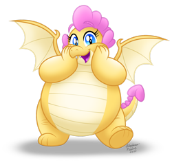 Size: 1920x1842 | Tagged: safe, artist:aleximusprime, imported from derpibooru, oc, oc only, oc:buttercream, oc:buttercream the dragon, dragon, :d, adorafatty, cute, cute little fangs, dragon oc, dragon wings, dragoness, fangs, fat, female, hands on cheeks, happy, looking at you, ocbetes, open mouth, open smile, simple background, smiling, solo, spread wings, transparent background, wings