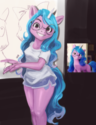 Size: 1077x1400 | Tagged: safe, artist:leomitsu, imported from derpibooru, screencap, izzy moonbow, anthro, pony, unguligrade anthro, unicorn, spoiler:my little pony: a new generation, clothes, cute, female, g5, glasses, izzybetes, krita, legs, lineless, my little pony: a new generation, redraw, shorts, smiling, solo