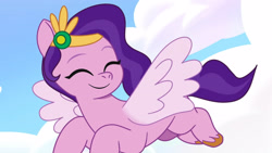 Size: 3410x1920 | Tagged: safe, imported from derpibooru, screencap, pipp petals, pegasus, pony, spoiler:g5, spoiler:my little pony: tell your tale, spoiler:tyts01e03, adorapipp, cute, eyes closed, female, flying, g5, high res, mare, my little pony: tell your tale, sisters take flight, smiling, solo, spread wings, wings