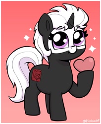 Size: 1524x1872 | Tagged: safe, artist:heretichesh, imported from derpibooru, oc, oc only, oc:s.leech, pony, unicorn, bald face, big eyes, blaze (coat marking), coat markings, cute, facial markings, female, filly, foal, gradient background, heart, ocbetes, signature, smiling, solo, sparkles