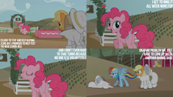 Size: 4400x2475 | Tagged: safe, edit, edited screencap, editor:quoterific, imported from derpibooru, screencap, applejack, pinkie pie, rainbow dash, alligator, earth pony, pegasus, pony, castle mane-ia, season 4, eyes closed, female, hazmat suit, male, mare, open mouth, open smile, smiling, spread wings, sweet apple acres, text, wings